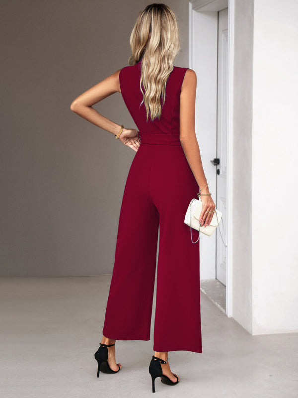 New women's elegant V-neck tie commuter sleeveless jumpsuit - Closther