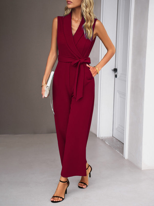 New women's elegant V-neck tie commuter sleeveless jumpsuit - Closther