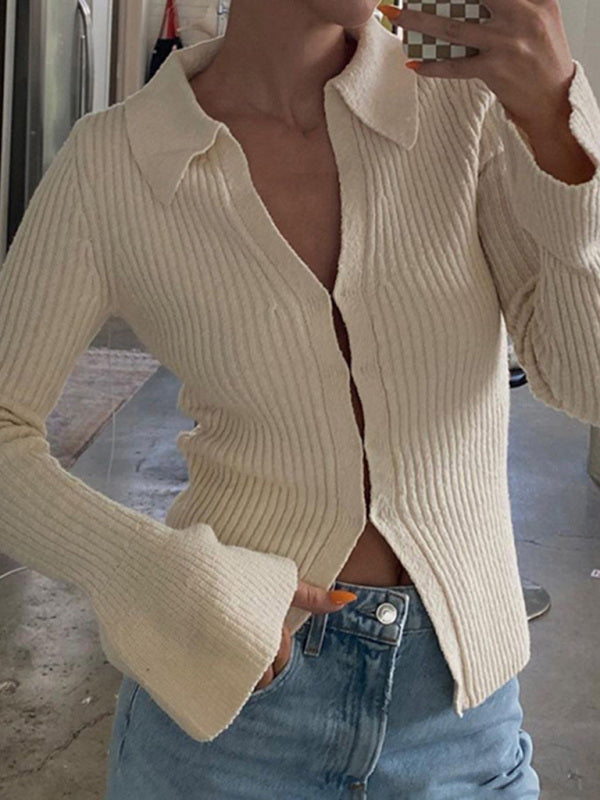 Long-sleeved top bell sleeve bottoming casual street sweater cardigan - Closther