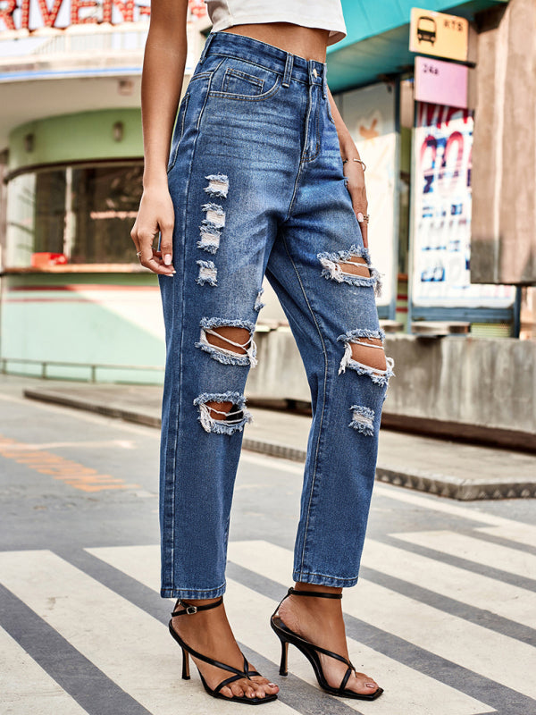 All-match washed ripped straight-leg denim cropped pants - Closther