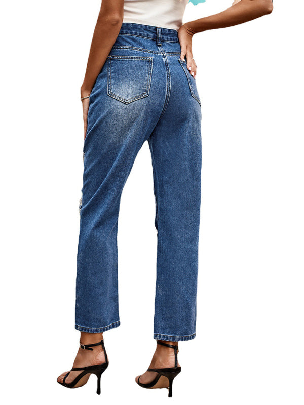 All-match washed ripped straight-leg denim cropped pants - Closther