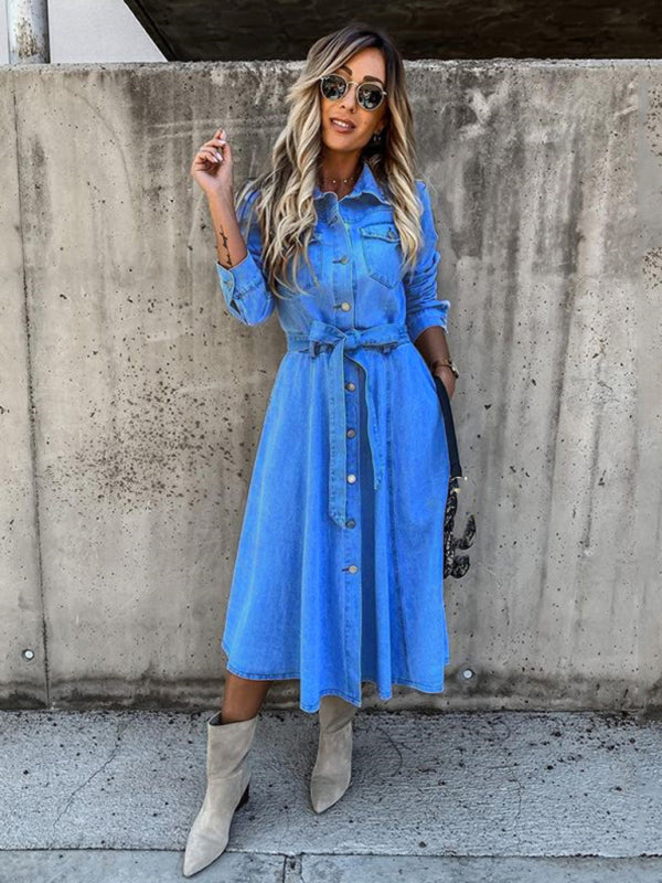 Denim Casual High Waist Pocket Lapel Dress - Closther