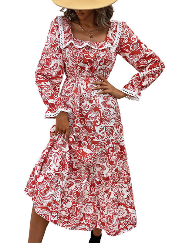 Boho-Print, fließendes Midikleid für den Urlaub 