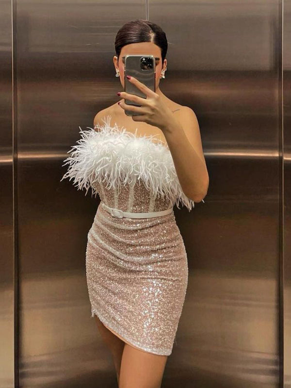 High Waist Sexy Sequin Dress One Shoulder Feather Dress Short Skirt - Closther