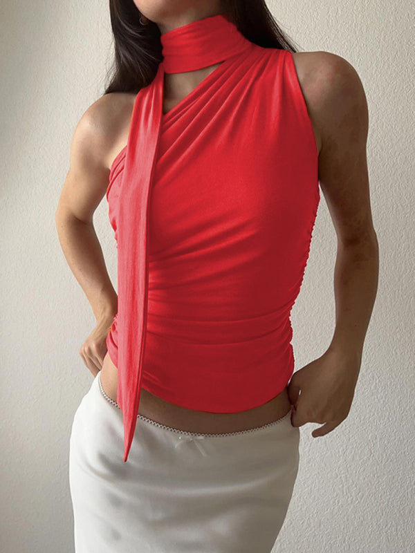 Casual all-match slim-fit one-shoulder streamer design solid color sleeveless vest top - Closther