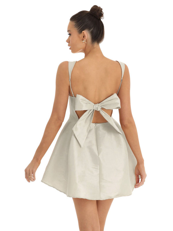 Square Neck Neck Waist Bow Knot Sling Swing Dress - Closther