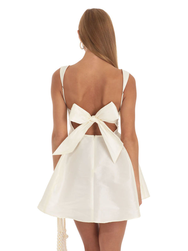 Square Neck Neck Waist Bow Knot Sling Swing Dress - Closther