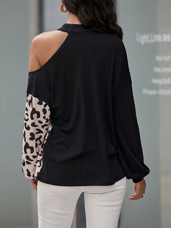 Women's Casual Long Sleeve Hollow Off Shoulder Bottoming Shirt Half Turtle Neck Top - Closther