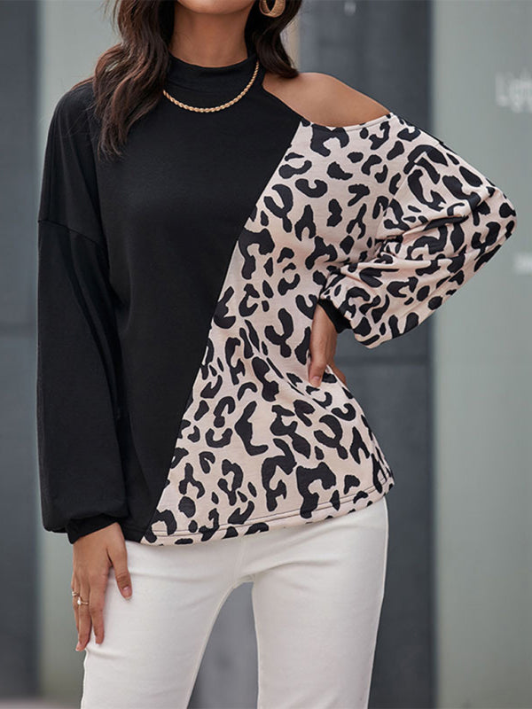 Women's Casual Long Sleeve Hollow Off Shoulder Bottoming Shirt Half Turtle Neck Top - Closther