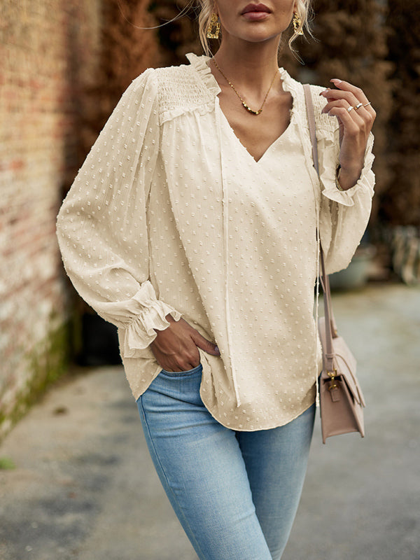 Temperament and elegant v-neck knotted long-sleeved top blouse - Closther