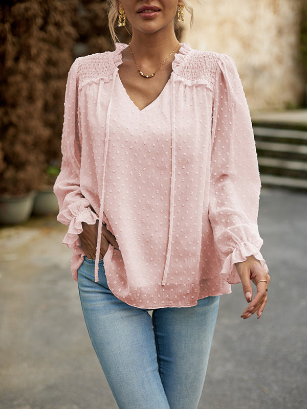 Temperament and elegant v-neck knotted long-sleeved top blouse - Closther