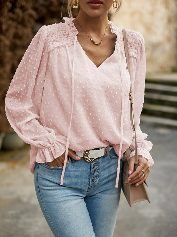 Temperament and elegant v-neck knotted long-sleeved top blouse - Closther