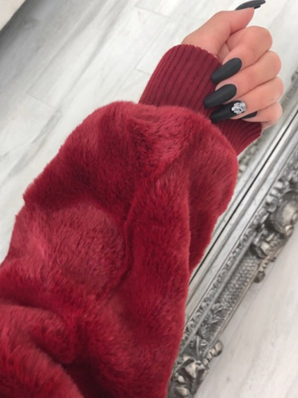 Autumn and winter furry long-sleeved hooded plush top long coat