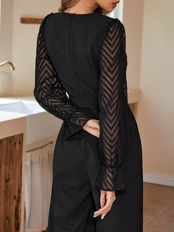 Schwarzer, durchsichtiger, eleganter Jumpsuit für Damen mit Ziernähten, schmal geschnitten 