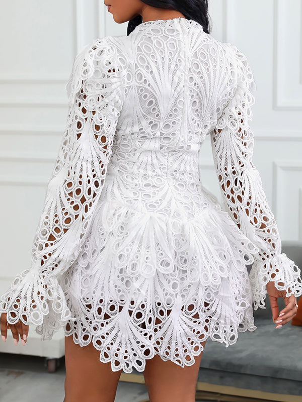 Nouvelle robe élégante en dentelle blanche ajourée pour femme 