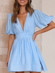 New style short skirt sexy V-neck lantern sleeve waist princess dress