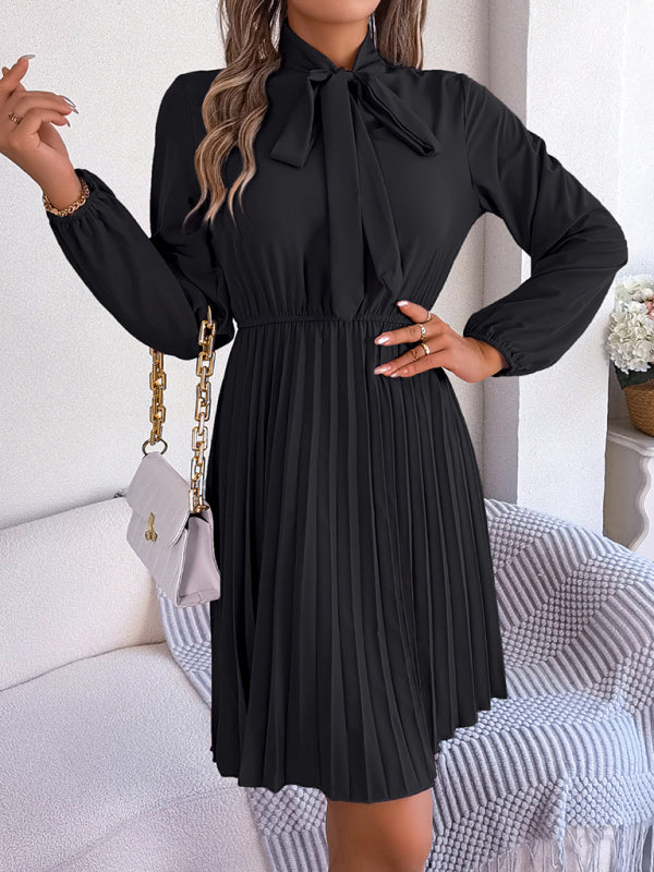 Autumn and winter temperament tie waist long sleeve pleated skirt