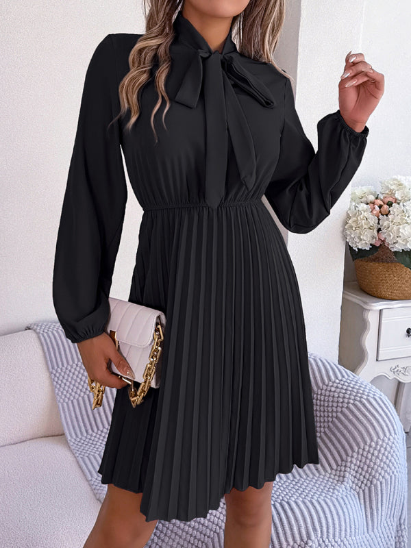 Autumn and winter temperament tie waist long sleeve pleated skirt