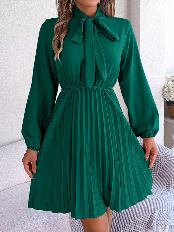 Autumn and winter temperament tie waist long sleeve pleated skirt