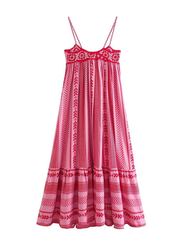 Crochet patchwork knitted ethnic style slip dress - Closther