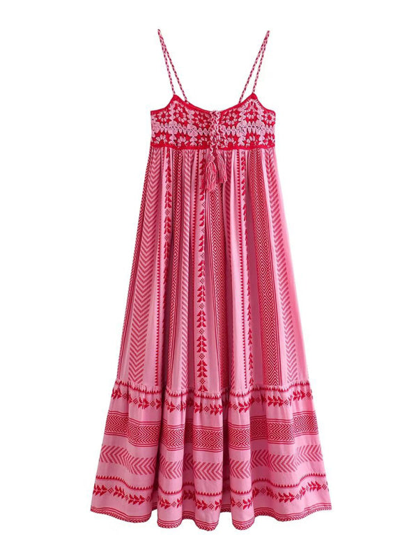 Crochet patchwork knitted ethnic style slip dress - Closther