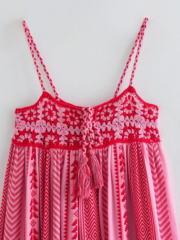 Crochet patchwork knitted ethnic style slip dress - Closther