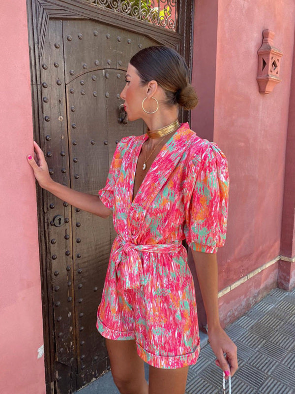 Printed jumpsuit with wrap tie closure and elastic waistband – back view