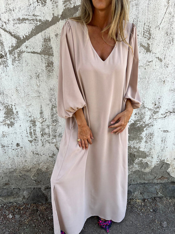 Casual loose V-neck solid color women's lantern sleeve dress