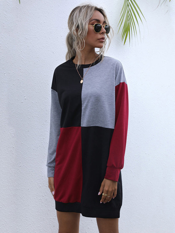 Long-sleeved color block round neck casual sweater dress - Closther