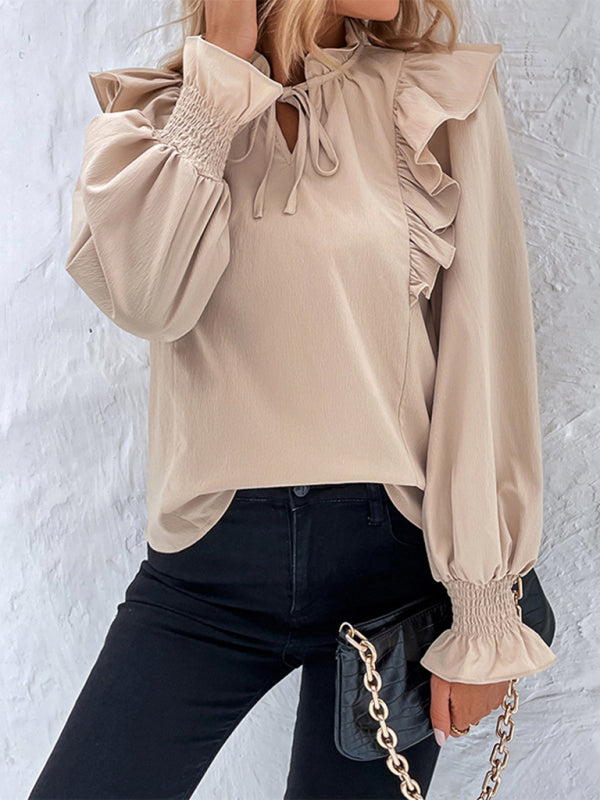 Damenbluse mit Rüschen und Bindeband, langärmelig 