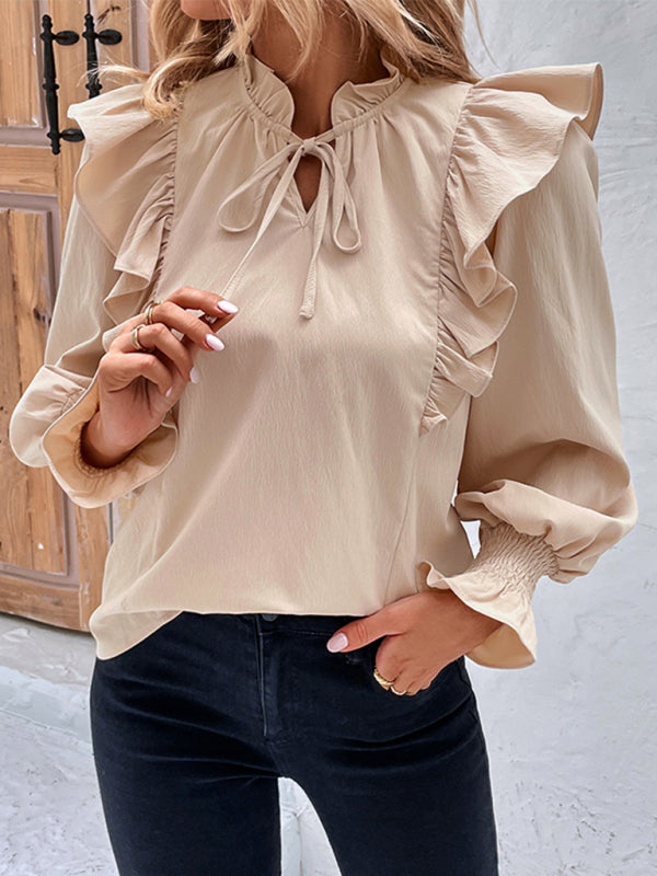 Damenbluse mit Rüschen und Bindeband, langärmelig 