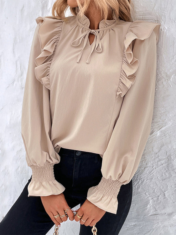 Damenbluse mit Rüschen und Bindeband, langärmelig 