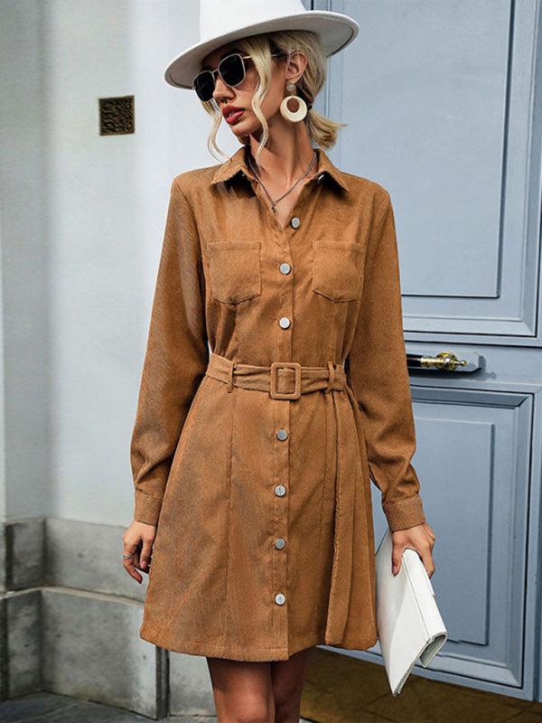 Shirt style lapel long sleeve corduroy dress - Closther