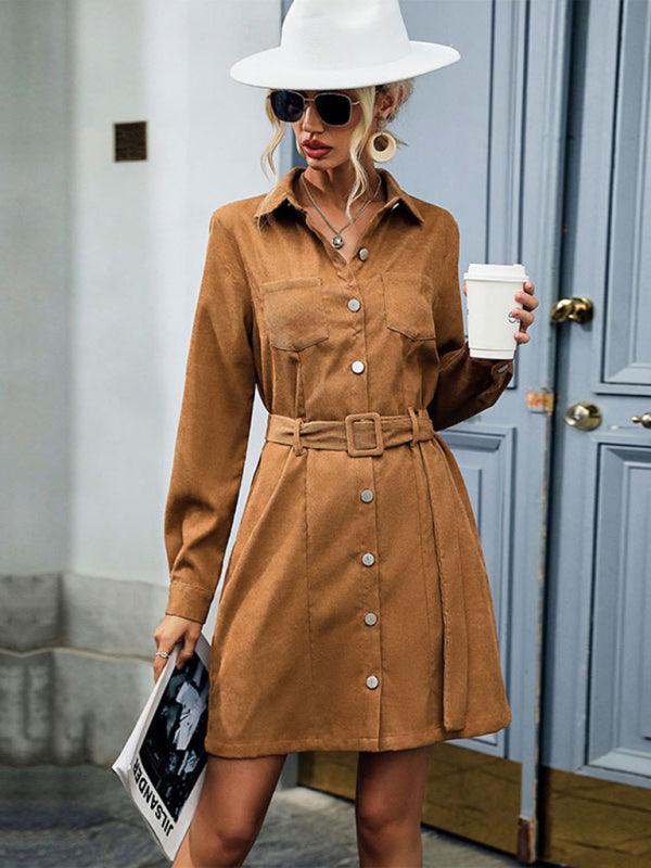 Shirt style lapel long sleeve corduroy dress - Closther