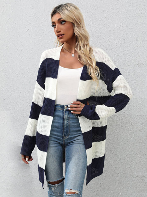 Women's Long Sleeve Striped Cardigan Sweater Jacket - Closther