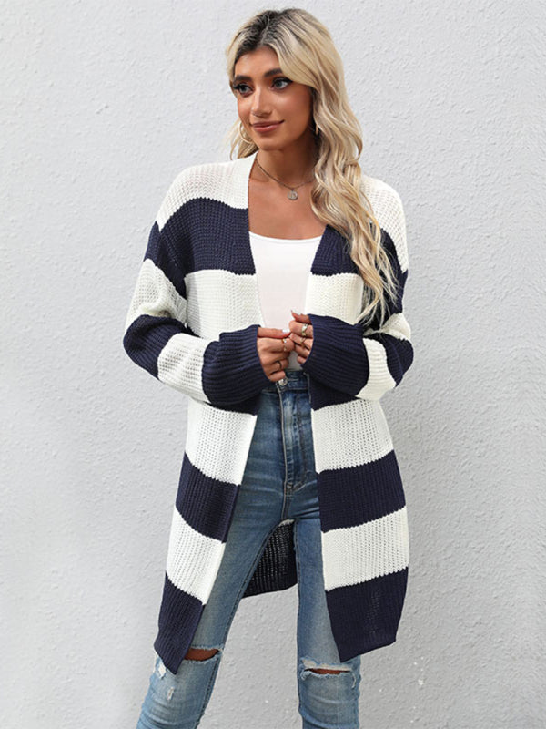 Women's Long Sleeve Striped Cardigan Sweater Jacket - Closther