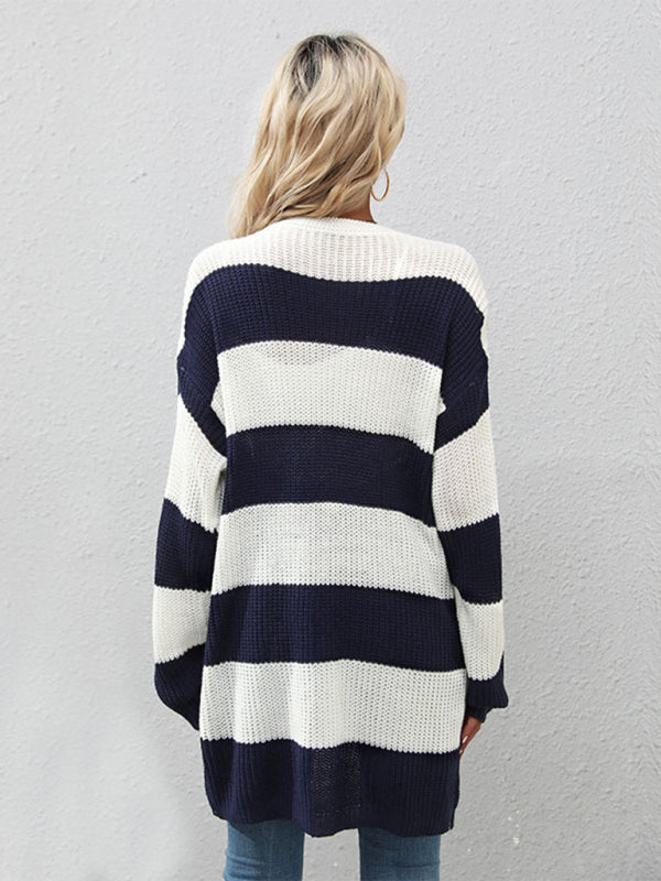 Women's Long Sleeve Striped Cardigan Sweater Jacket - Closther