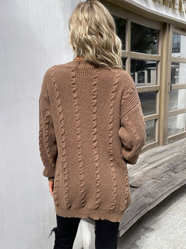 Women's Fashion Long Sleeve Solid Color Twist Sweater Cardigan - Closther