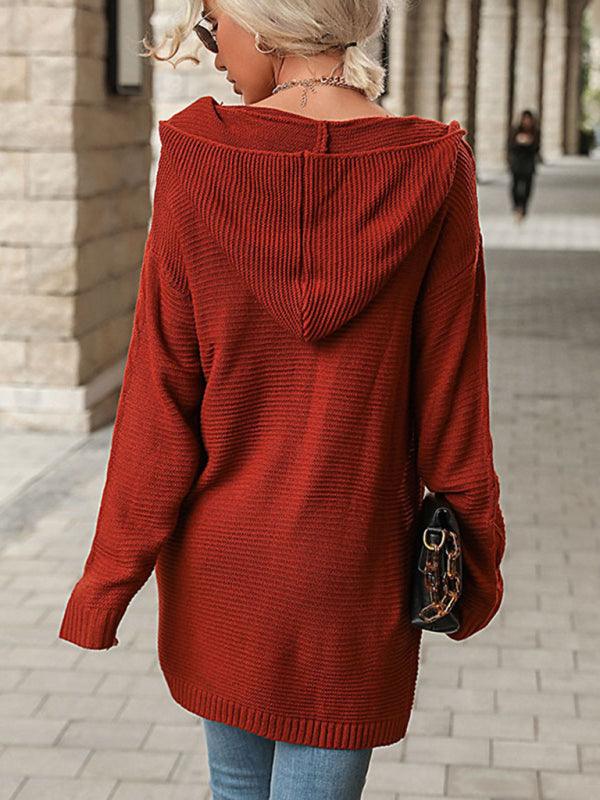 Red Long Sleeve Hooded Cardigan Jacket - Closther