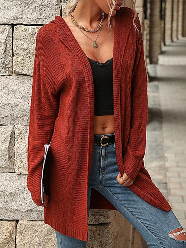 Red Long Sleeve Hooded Cardigan Jacket - Closther