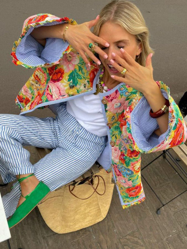 Trumpet Sleeve Stitching Contrast Color Padded Jacket