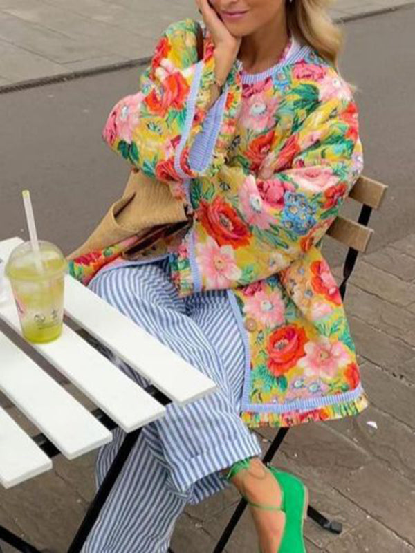 Trumpet Sleeve Stitching Contrast Color Padded Jacket