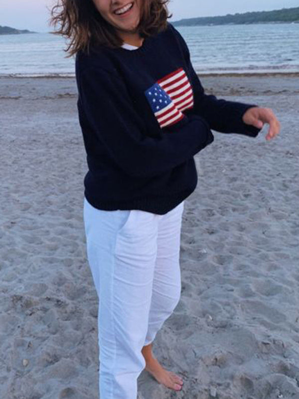 Loose American Flag Knit Long Sleeve Sweater