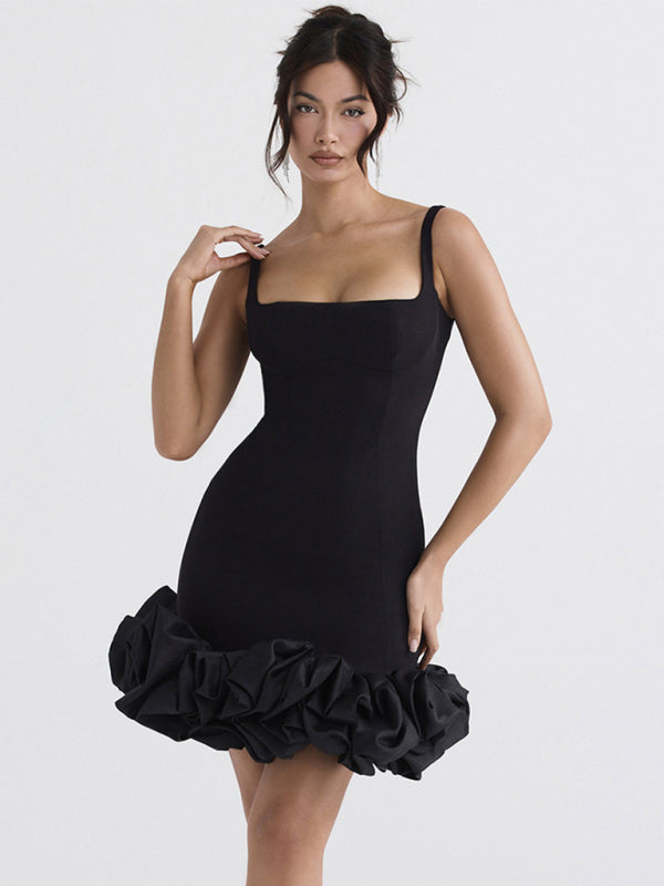 Robe nuisette froncée pour femme, style Spice Girl, dos nu et col carré 