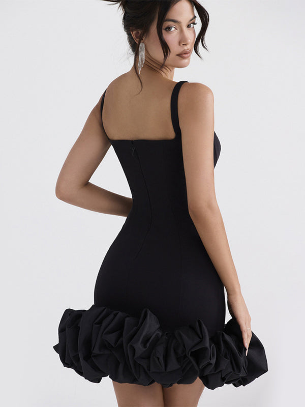 Robe nuisette froncée pour femme, style Spice Girl, dos nu et col carré 