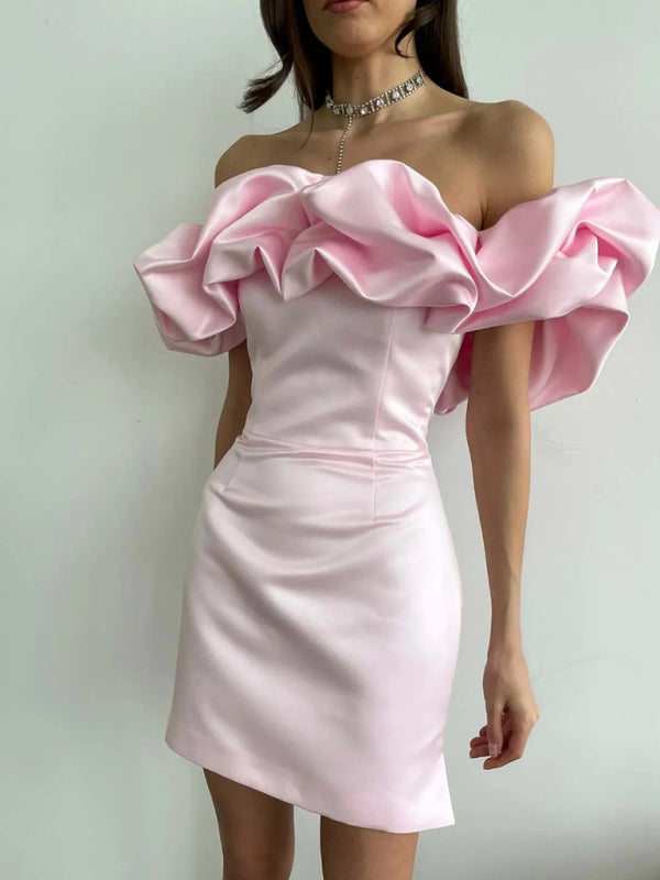 Neues einfarbiges schulterfreies Kleid mit bauchfreiem Oberteil 