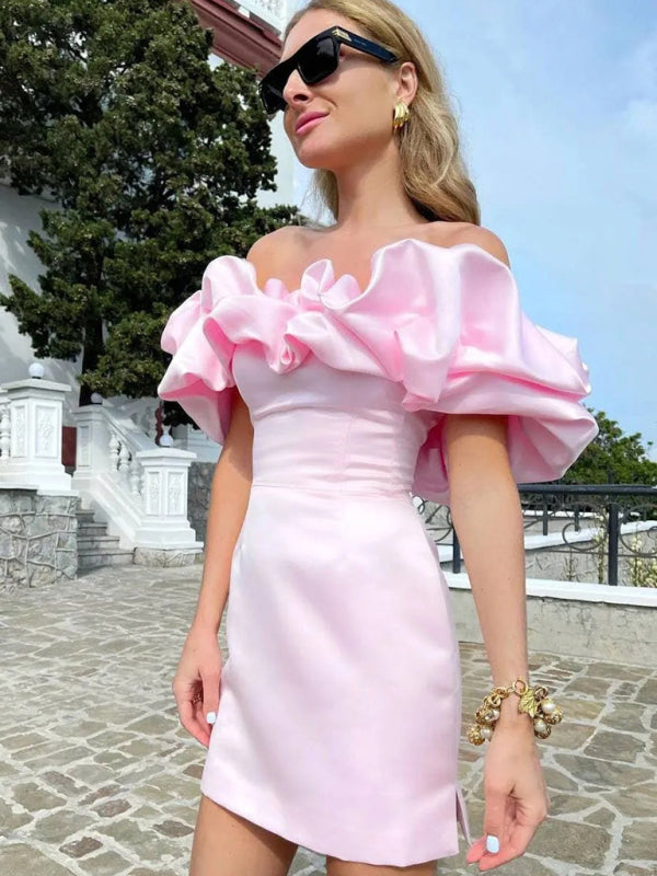 Neues einfarbiges schulterfreies Kleid mit bauchfreiem Oberteil 