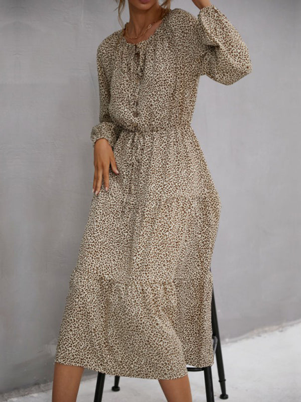 women's leopard print long sleeve dress - Closther