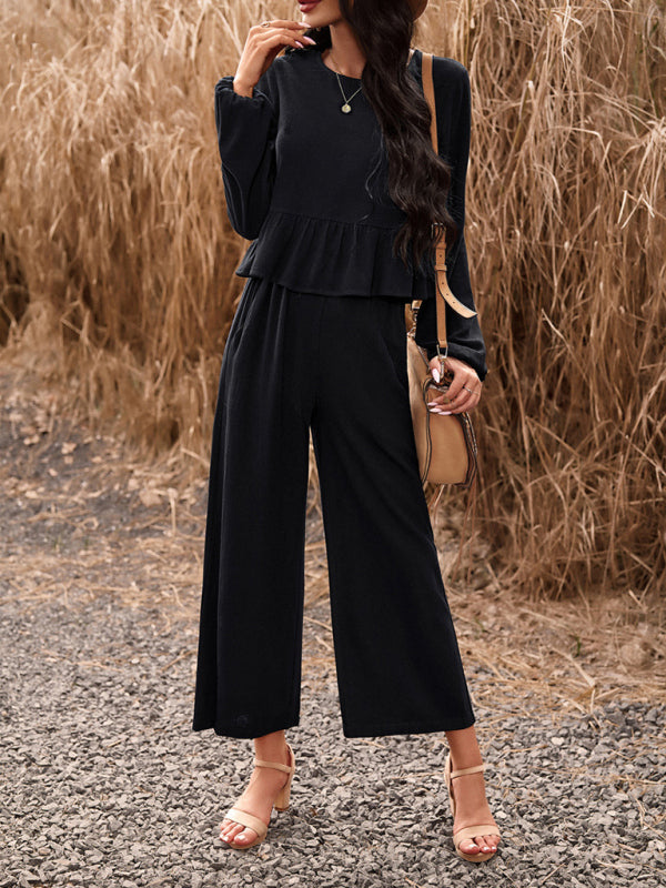 Temperament casual suit solid color long-sleeved top loose trousers - Closther