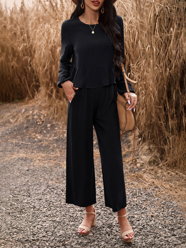 Temperament casual suit solid color long-sleeved top loose trousers - Closther